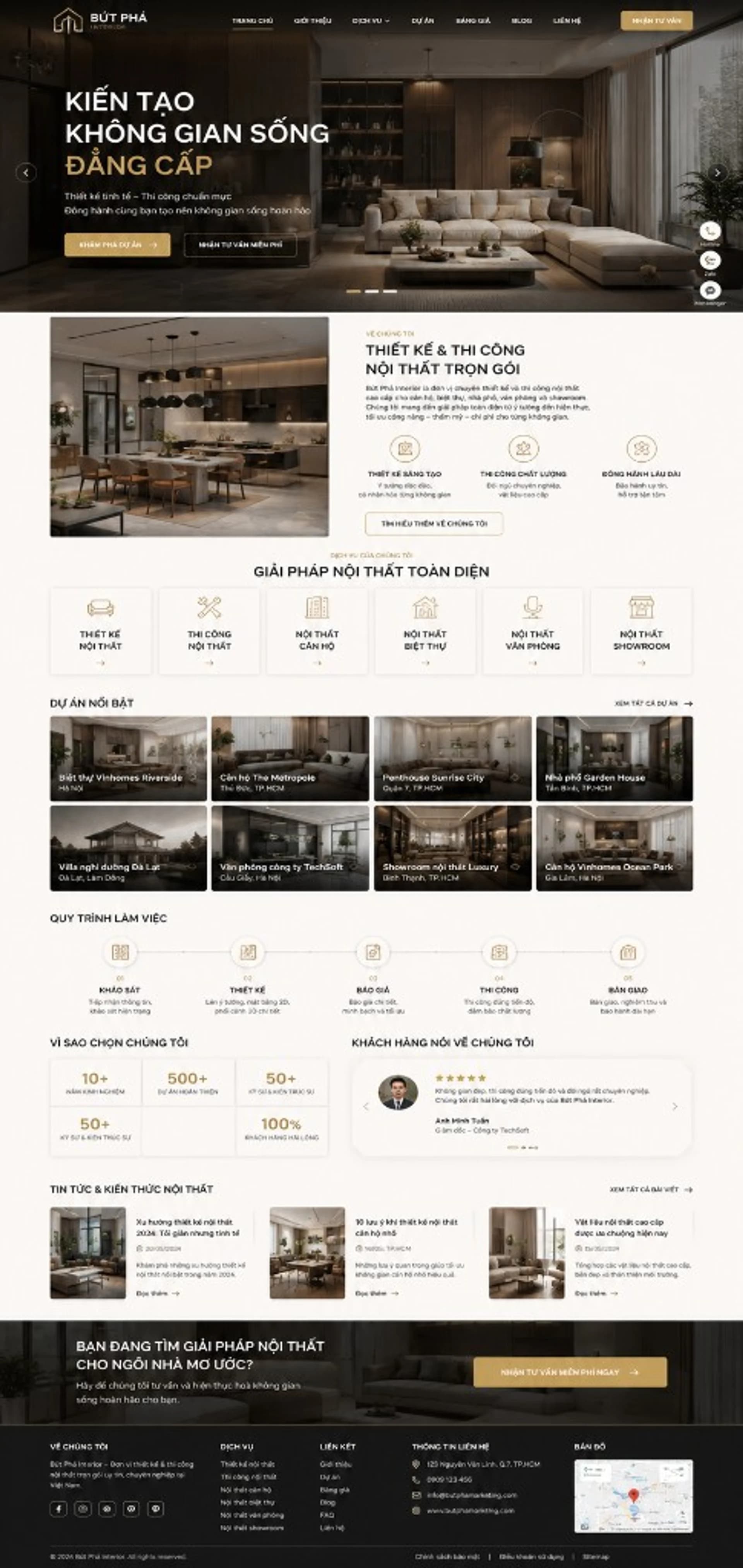 Mockup website Bứt Phá Interior — thiết kế vàng đen, dự án nổi bật và form liên hệ