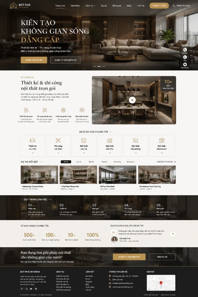 Mockup website nội thất cao cấp — hero kiến tạo không gian sống và dịch vụ studio